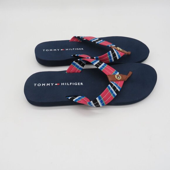 Tommy Hilfiger Women's Flip Flops Plaid Straps Navy Sole Thong Sandals Size 9 NE - Picture 1 of 6